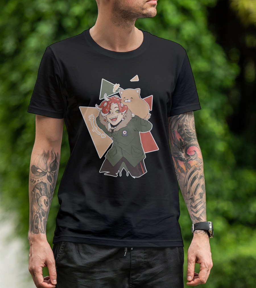 Piggyback Cute Demon With Cat Companion And Colorful Shapes T-Shirt