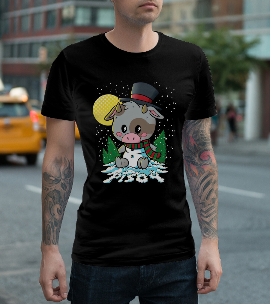 Piso4 Cute Cow In Snow With Top Hat And Scarf Winter Scene T-Shirt