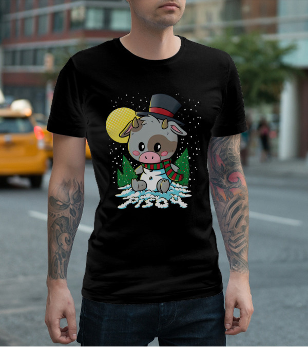 Piso4 Cute Cow In Snow With Top Hat And Scarf Winter Scene T-Shirt