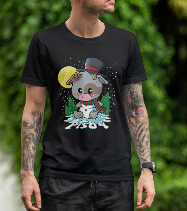 Piso4 Cute Cow In Snow With Top Hat And Scarf Winter Scene T-Shirt