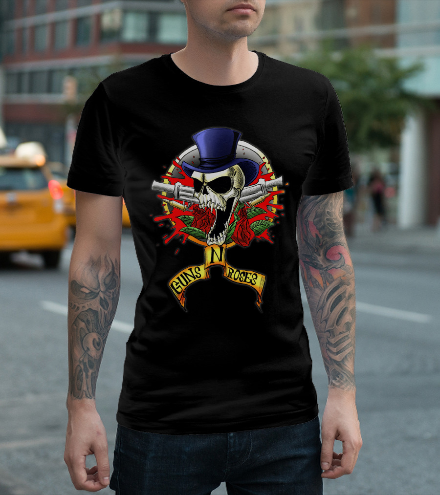 Guns N' Roses Skull With Top Hat Crossed Pistols And Red Roses T-Shirt