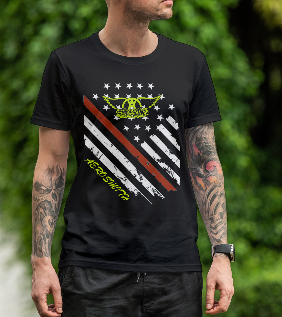 Aerosmith Logo With American Flag And Guitar Stripe T-Shirt