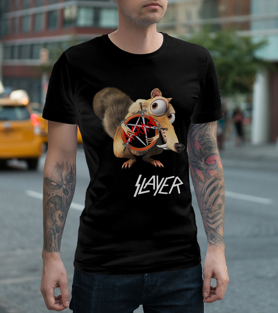 Scrat Holding Slayer Logo Pentagram Slayer T-Shirt