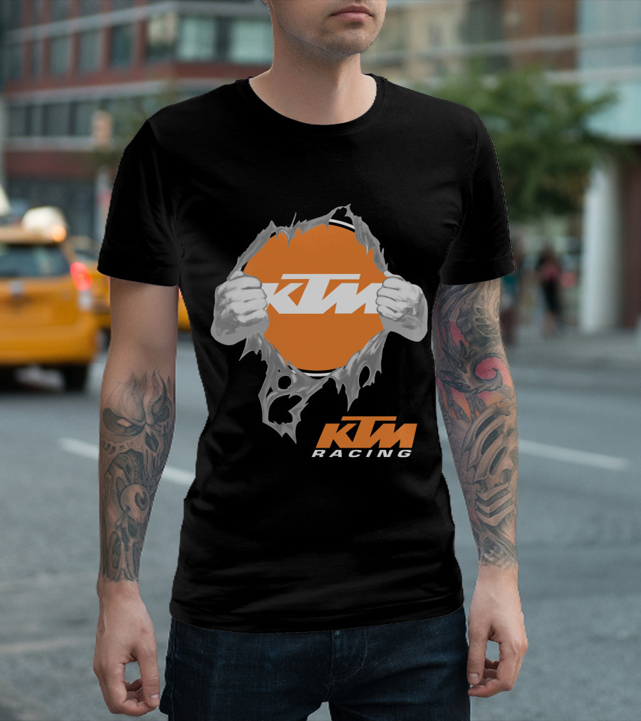 Ktm Racing Logo With Hands Ripping Through Orange T-Shirt
