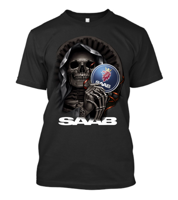 Saab Skull Holding Emblem With Hooded Figure And Crowned Griffin T-Shirt