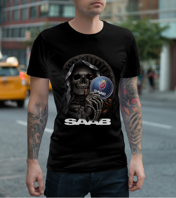 Saab Skull Holding Emblem With Hooded Figure And Crowned Griffin T-Shirt