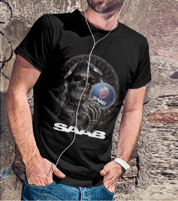 Saab Skull Holding Emblem With Hooded Figure And Crowned Griffin T-Shirt