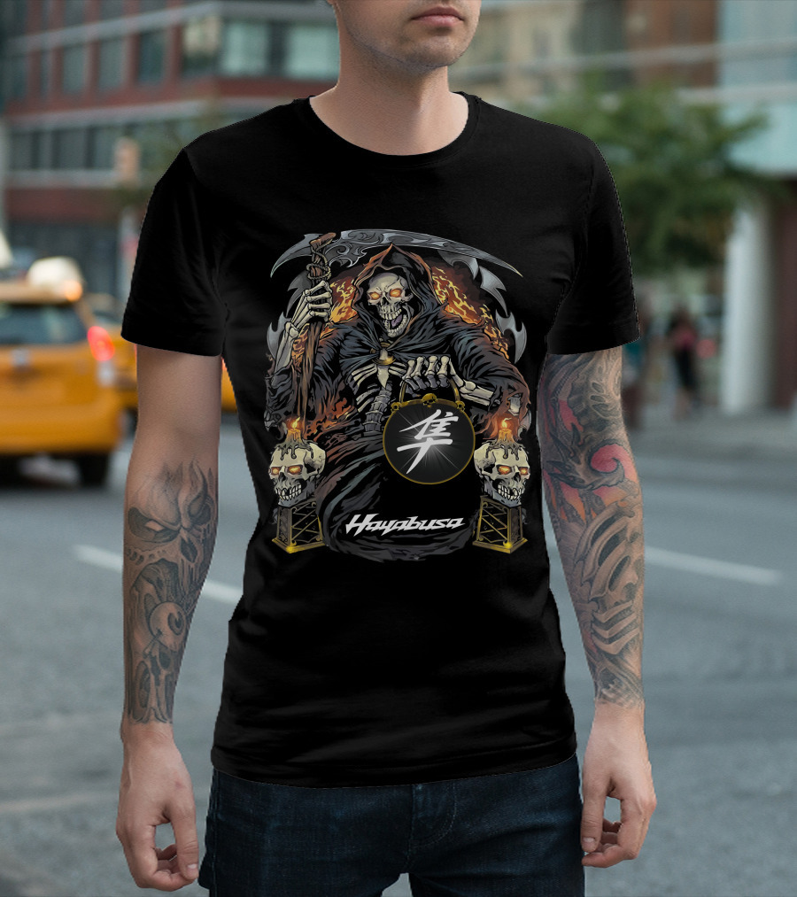 Hayabusa Grim Reaper With Fiery Skulls And Kanji Symbol T-Shirt