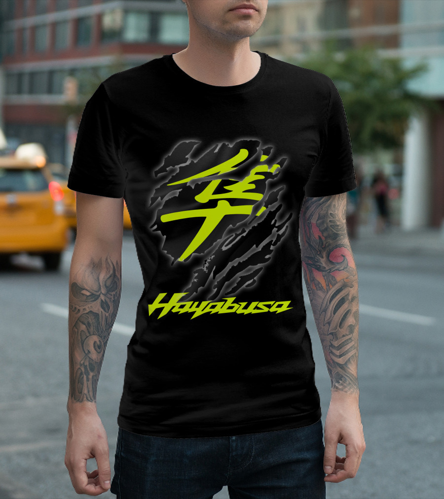 Hayabusa 07 Yellow Kanji Torn Black T-Shirt