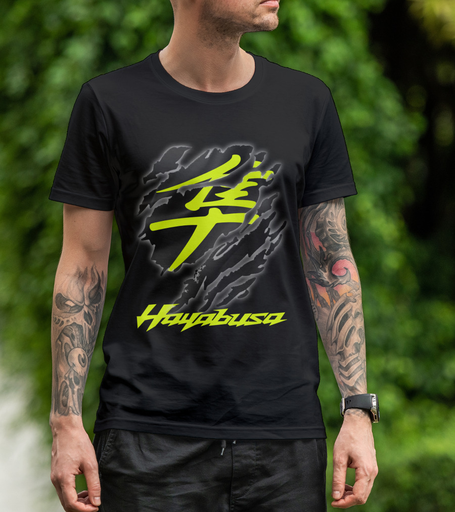 Hayabusa 07 Yellow Kanji Torn Black T-Shirt