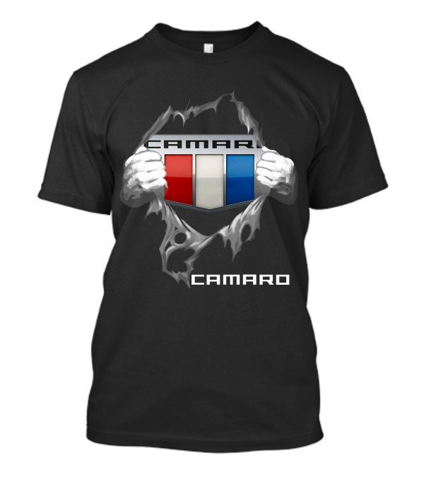 Camaro Emblem With Red White Blue Stripes And Ripped Skin Effect T-Shirt