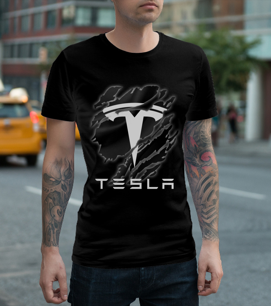 Tesla Logo With Ripped Design Effect In Black And White T-Shirt