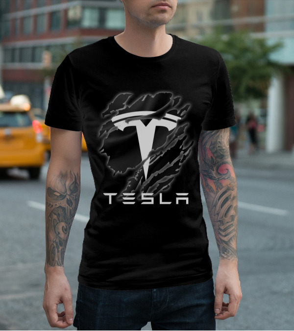 Tesla Logo With Ripped Design Effect In Black And White T-Shirt