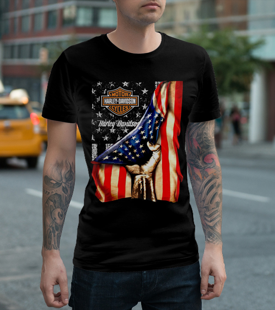 Harley Davidson American Flag Hand Motorcycle Cycles T-Shirt