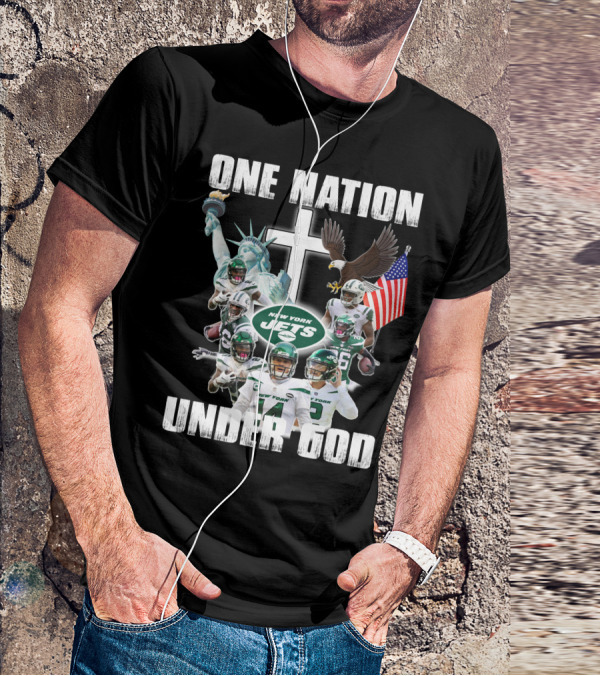 New York Jets One Nation Under God Statue Of Liberty Eagle Flag Football Players T-Shirt