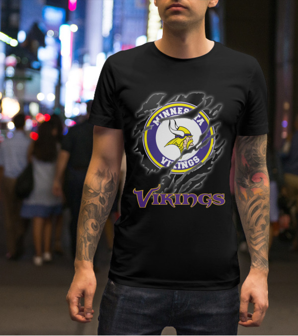 Minnesota Vikings Ripped Logo Design Featuring Iconic Viking Helmet And Horns T-Shirt