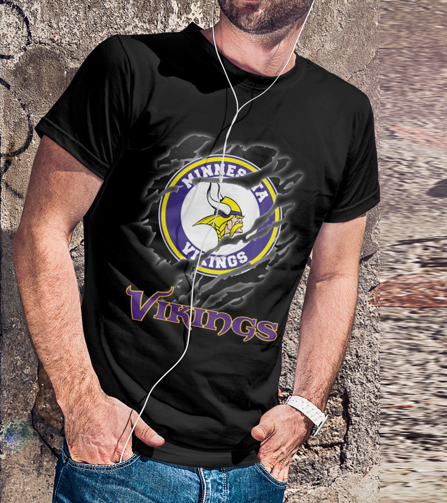 Minnesota Vikings Ripped Logo Design Featuring Iconic Viking Helmet And Horns T-Shirt