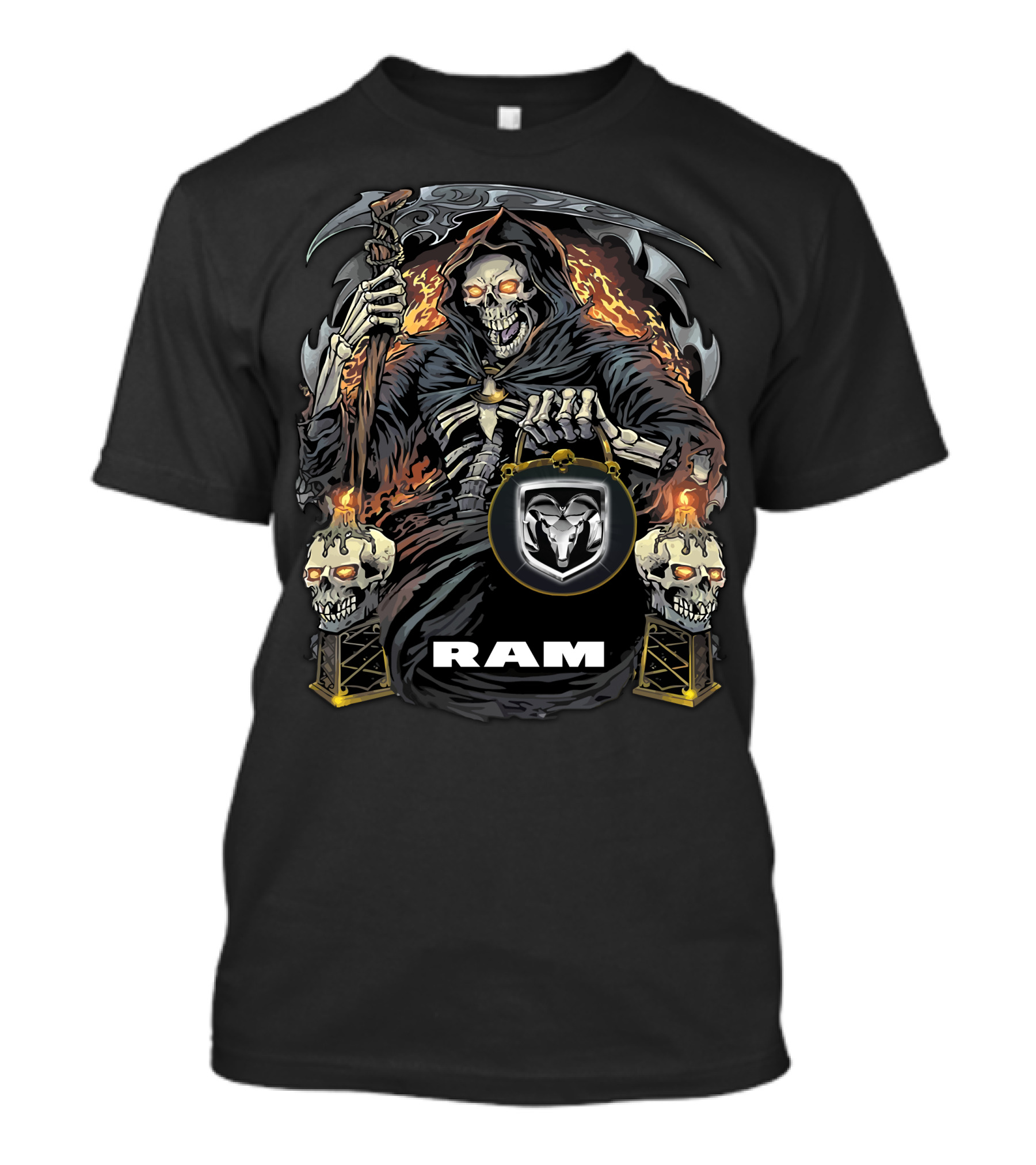 Ram Grim Reaper Skull Flames T-Shirt