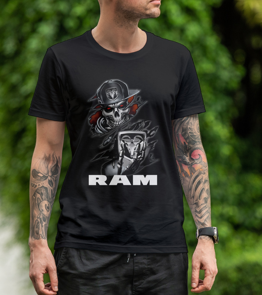 Ram Skull Skeleton With Baseball Cap And Glowing Red Eyes T-Shirt