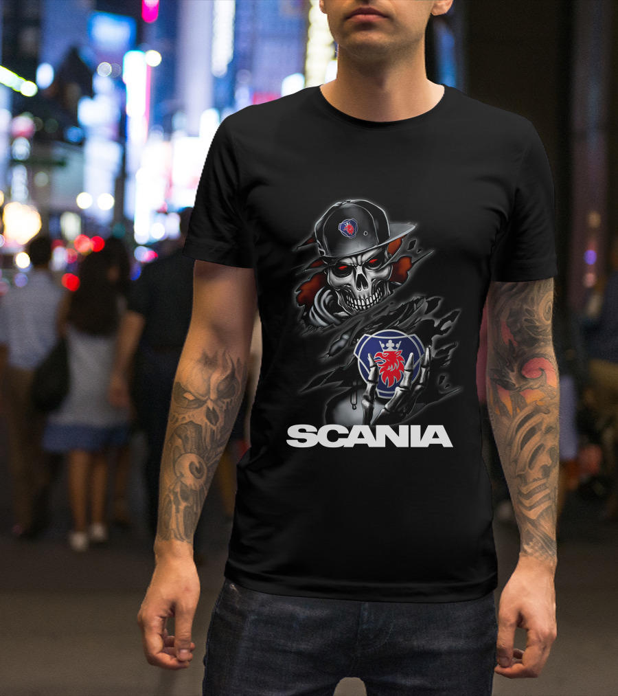 Scania Skull Emblem With Cap And Red-Eyed Skeleton T-Shirt