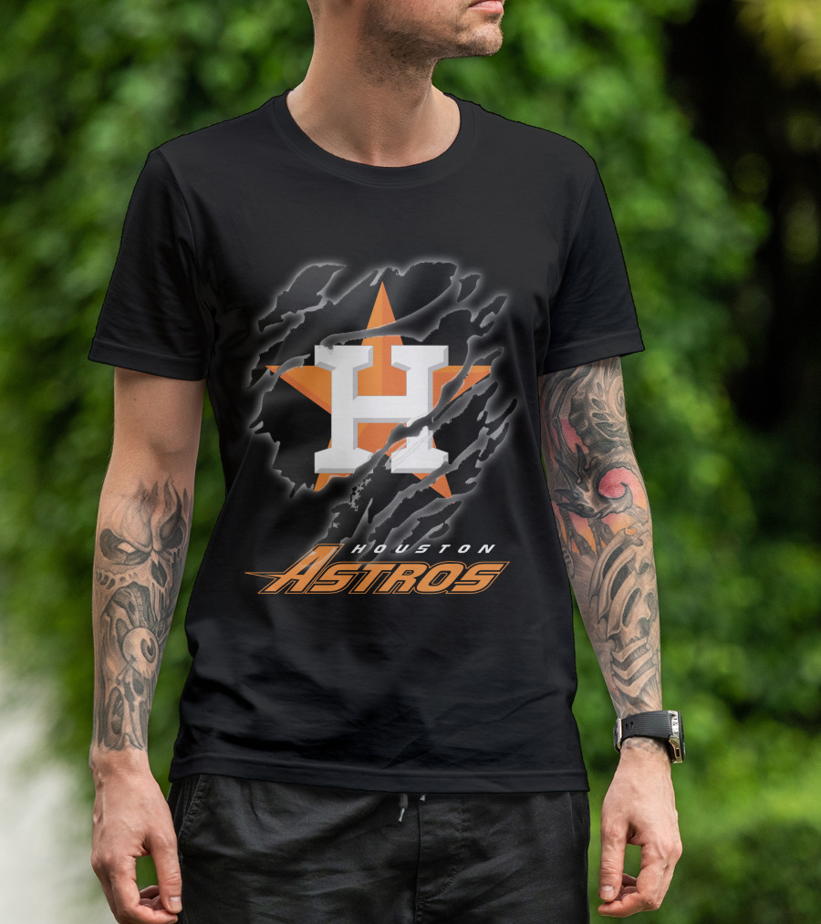 Houston Astros Logo With Orange Star And Dynamic Ripped Effect T-Shirt