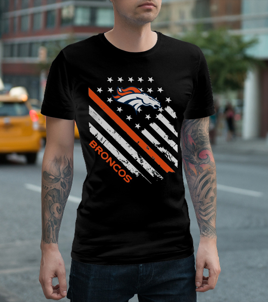 Broncos Logo With Stars And Stripes In Orange And White T-Shirt