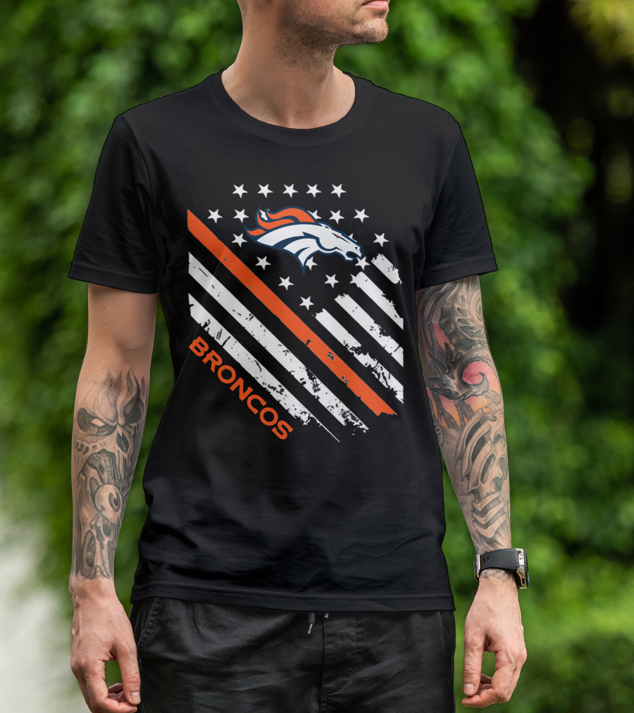 Broncos Logo With Stars And Stripes In Orange And White T-Shirt