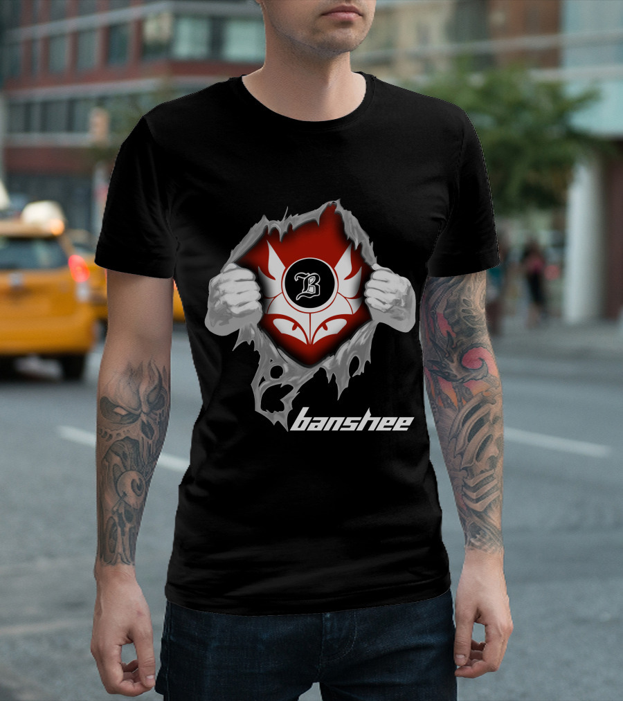 Banshee Ripped Logo With Winged Emblem And Bold Letter B On Dark T-Shirt