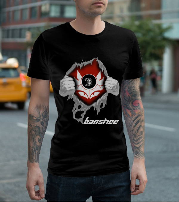 Banshee Ripped Logo With Winged Emblem And Bold Letter B On Dark T-Shirt