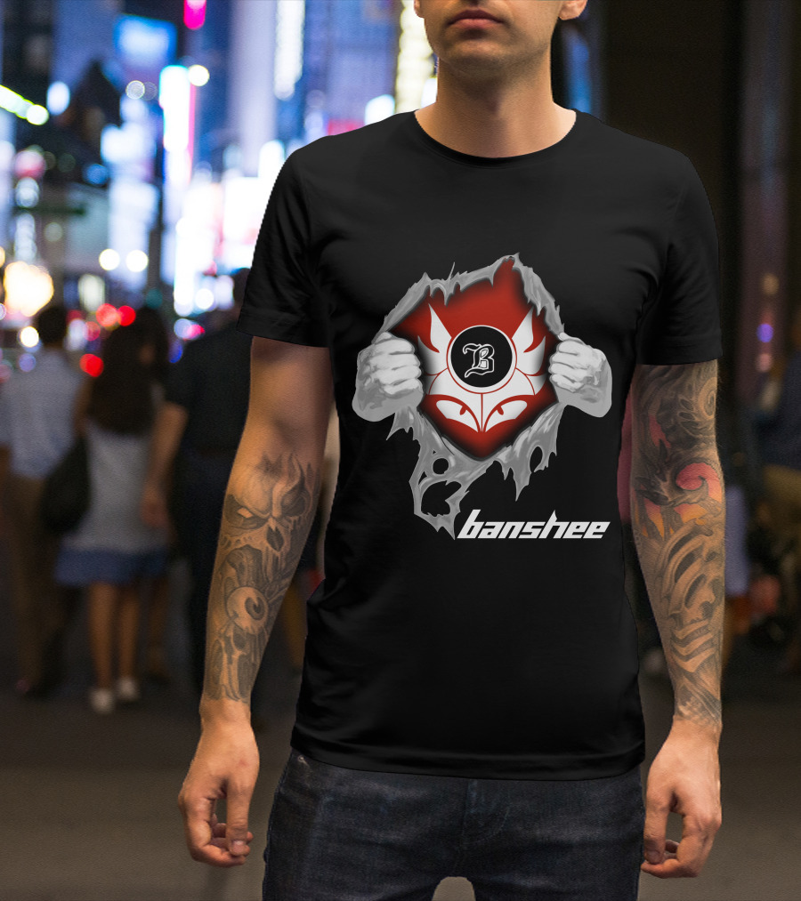 Banshee Ripped Logo With Winged Emblem And Bold Letter B On Dark T-Shirt