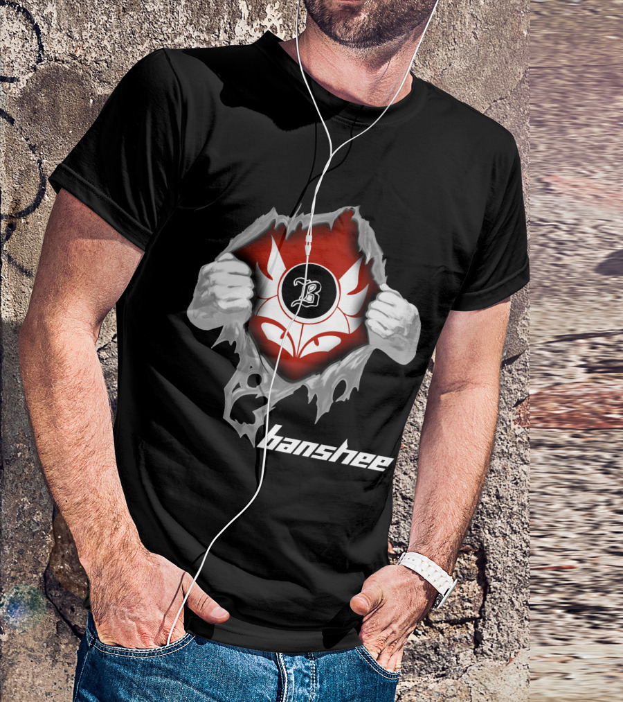 Banshee Ripped Logo With Winged Emblem And Bold Letter B On Dark T-Shirt