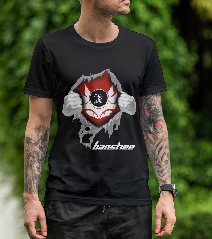 Banshee Ripped Logo With Winged Emblem And Bold Letter B On Dark T-Shirt