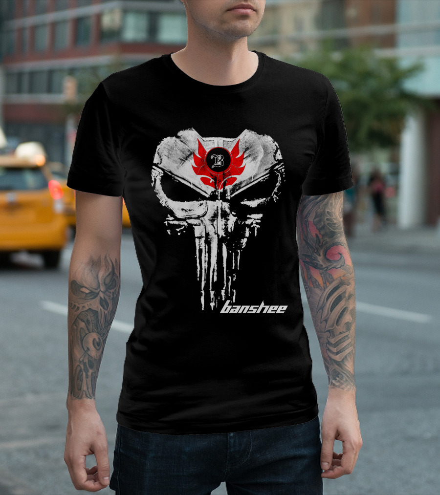 Banshee Skull Symbol With Red Flame Emblem And Letter B T-Shirt