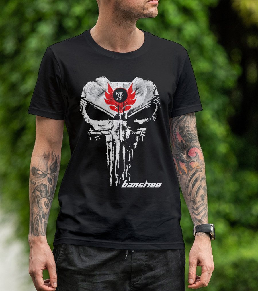 Banshee Skull Symbol With Red Flame Emblem And Letter B T-Shirt