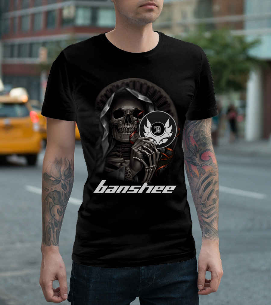 Banshee Skeleton Holding Emblem With Hooded Cloak And Stylized T-Shirt