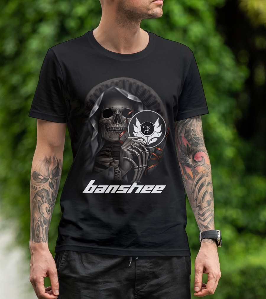 Banshee Skeleton Holding Emblem With Hooded Cloak And Stylized T-Shirt