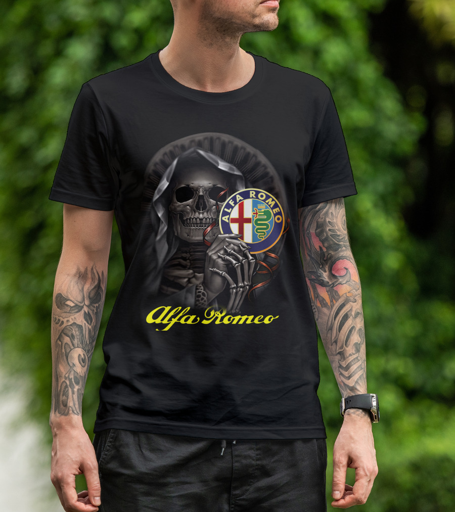 Alfa Romeo Skull Emblem With Hooded Skeleton T-Shirt