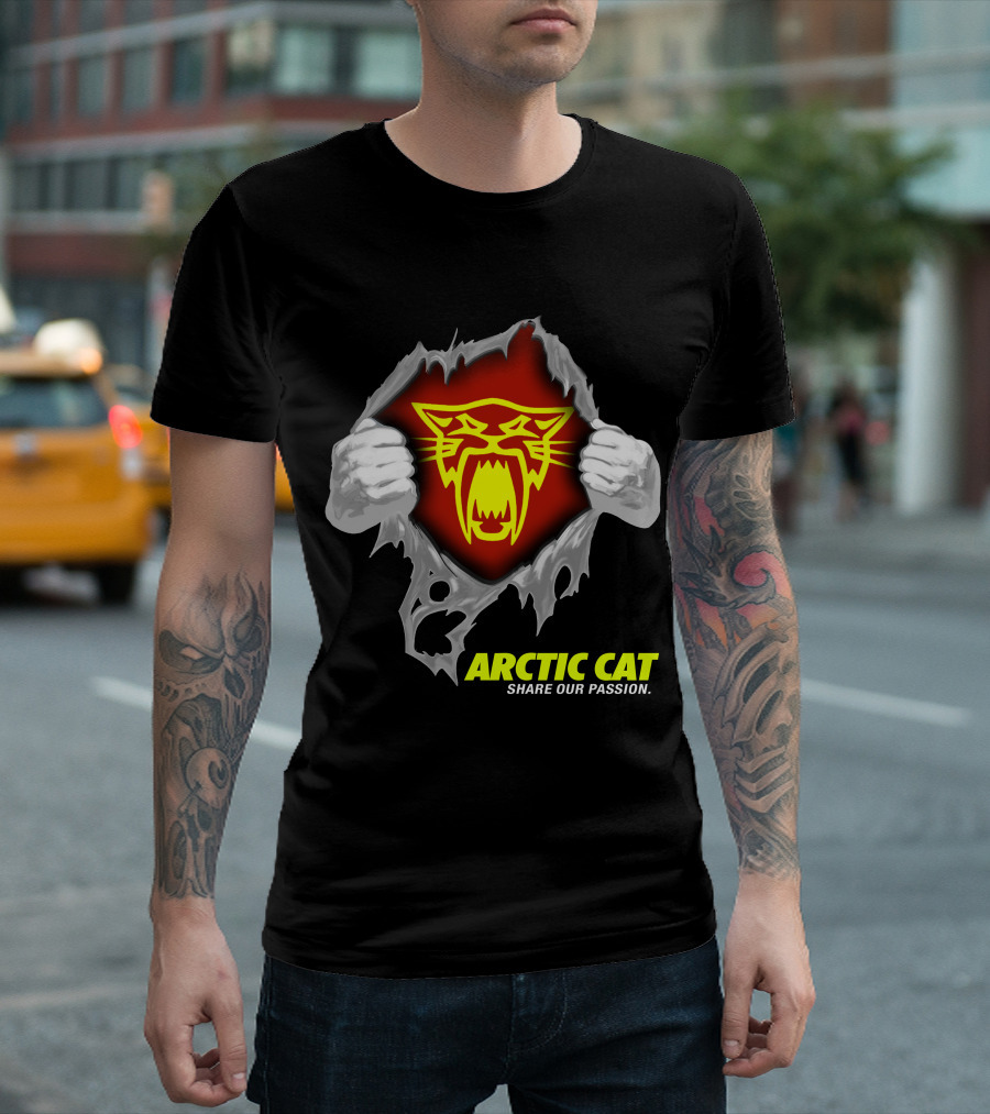 Arctic Cat Share Our Passion Fierce Yellow Logo Ripped Effect T-Shirt