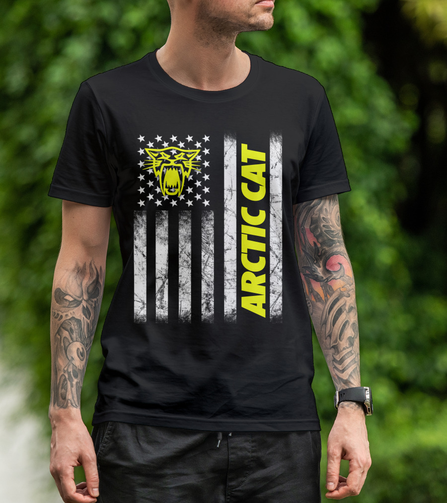 Arctic Cat Yellow Logo With American Flag Stripes And Stars T-Shirt