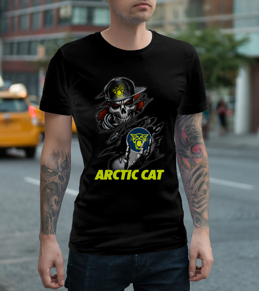 Arctic Cat Skull Skeleton With Hat Holding T-Shirt