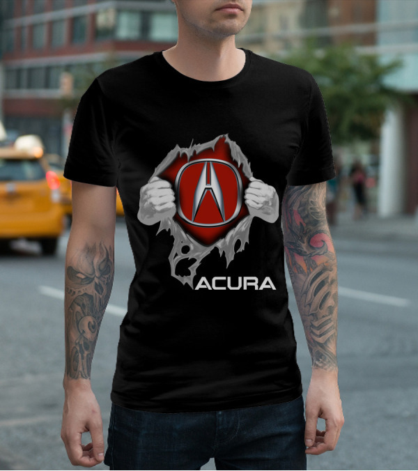 Acura Logo With Hands Tearing Through Red Background Iconic Symbol T-Shirt