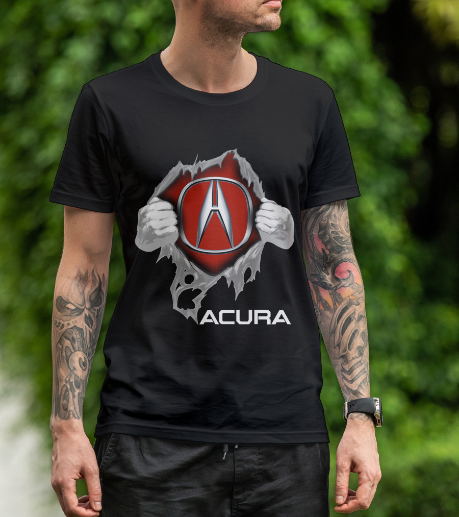 Acura Logo With Hands Tearing Through Red Background Iconic Symbol T-Shirt