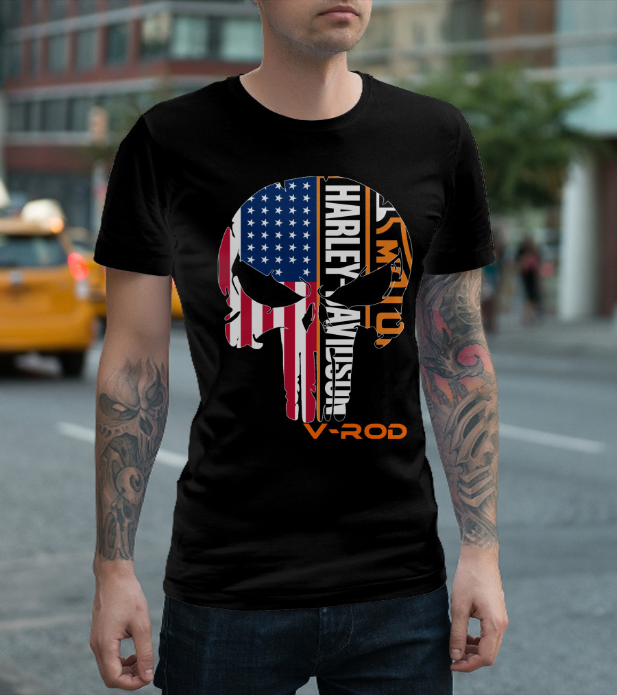 V-Rod Harley Davidson American Flag Skull T-Shirt