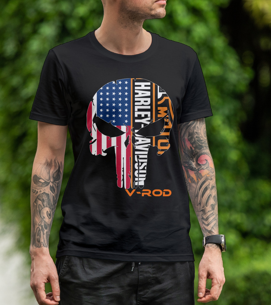V-Rod Harley Davidson American Flag Skull T-Shirt
