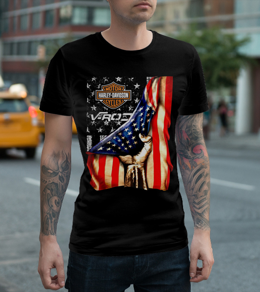 Harley Davidson Motor Cycles Vrod 12 American Flag Fist T-Shirt