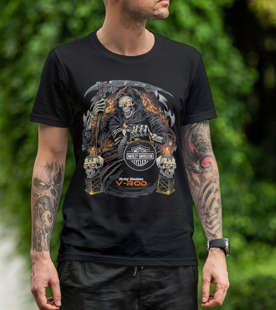 Harley Davidson V-Rod Grim Reaper Skeleton Flames T-Shirt