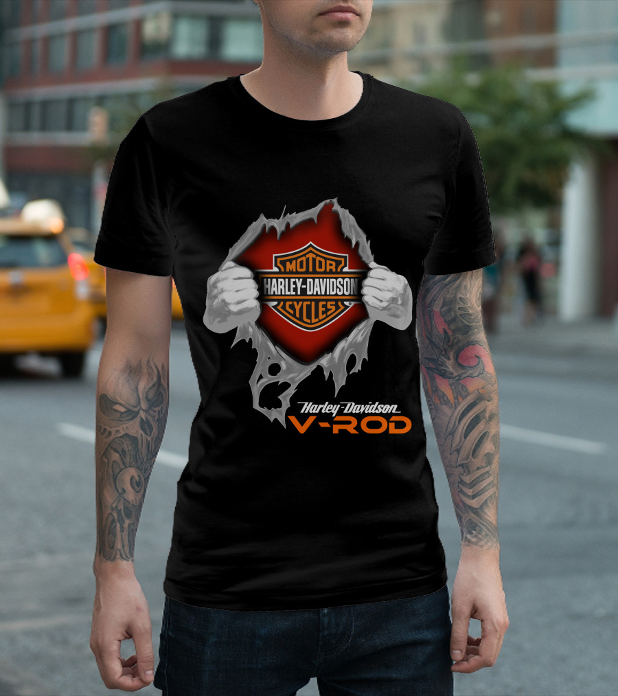 Harley Davidson V-Rod Motor Cycles Logo And Shield With Ripping Hands T-Shirt