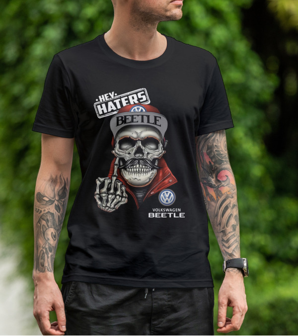 Hey Haters Volkswagen Beetle Skull With Vw Logo Finger Snap Attitude T-Shirt