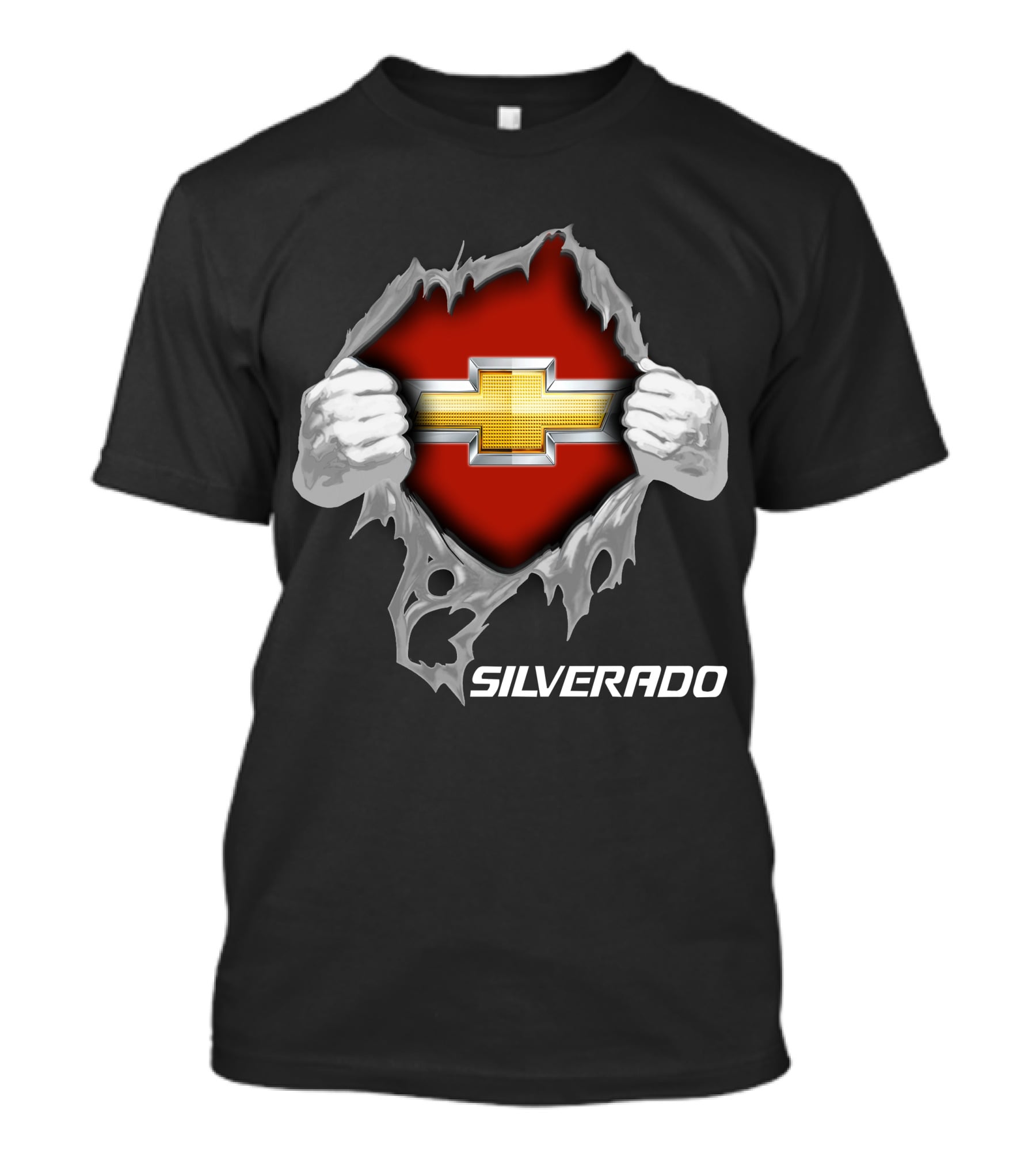 Silverado Chevrolet Emblem Hands Ripping Through T-Shirt
