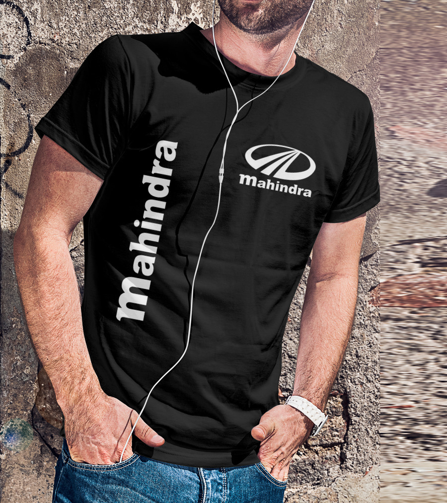 Mahindra Vertical Text With Iconic Logo Bold T-Shirt